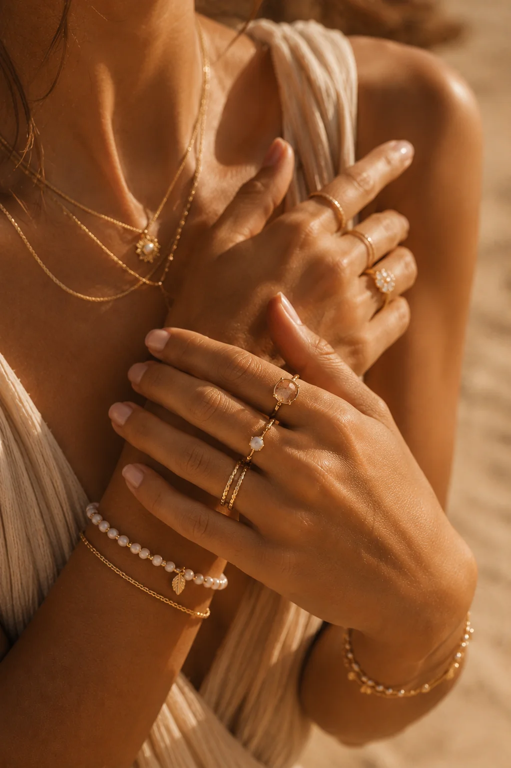 Bijoux Alma portés, gros plan sur mains et poignets